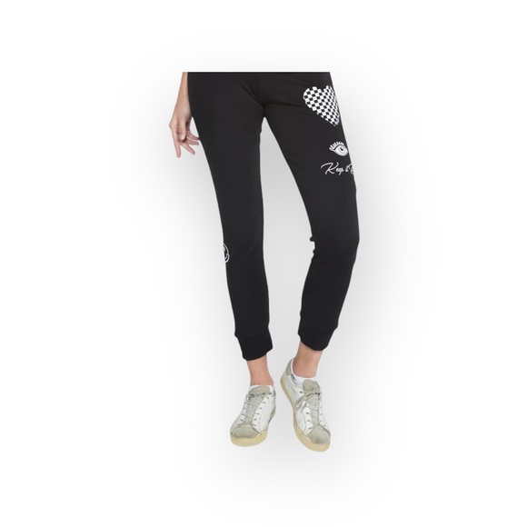 Lauren Moshi ᨎ Rad Checker Heart Smiley Lips Patch Elements Sweatpants ᨎ Black M - Picture 16 of 17